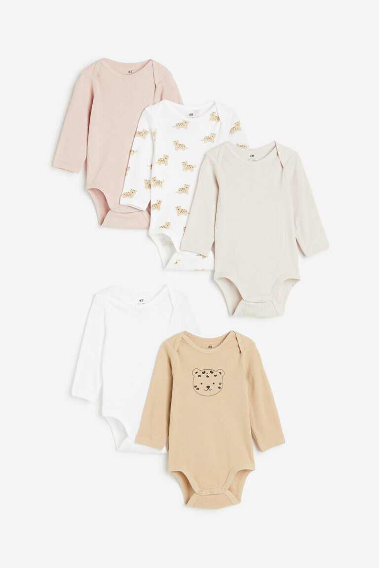 Комплект из пяти боди с длинными рукавами H&M, бежевый 
Комплект из пяти боди с длинными рукавами H&M, бежевый