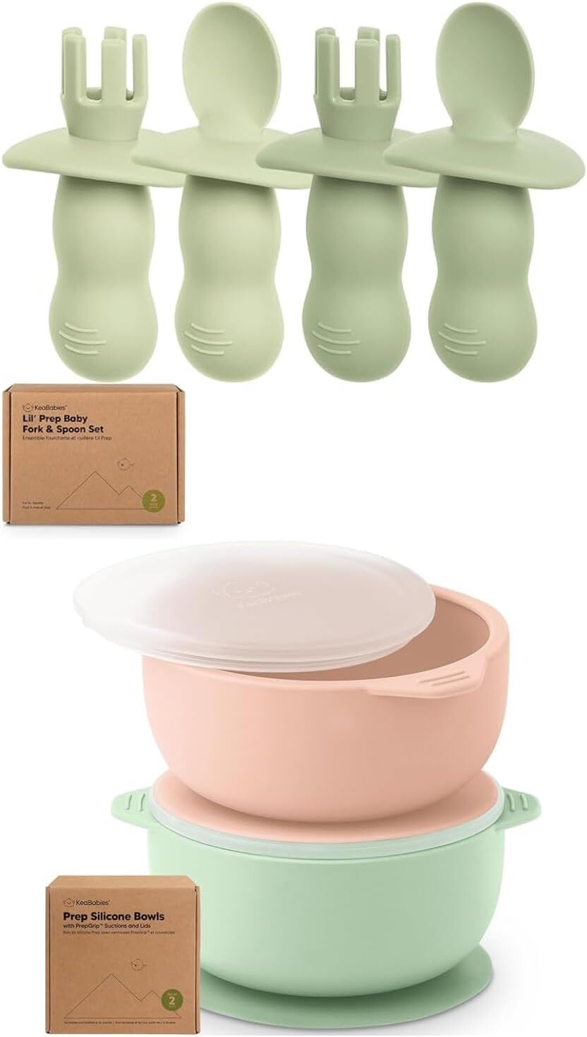 Набор из 4 силиконовых детских ложек и вилок Keababies и 2 детских миски с присосками, крышками
Набор из 4 силиконовых детских ложек и вилок Keababies и 2 детских миски с присосками, крышками