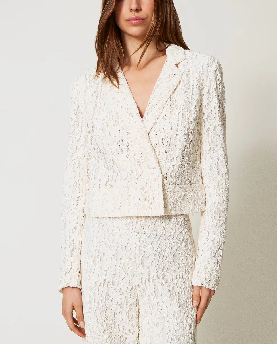 Женский свободный пиджак с цветочным кружевом Twinset, белый 
Женский свободный пиджак с цветочным кружевом Twinset, белый
