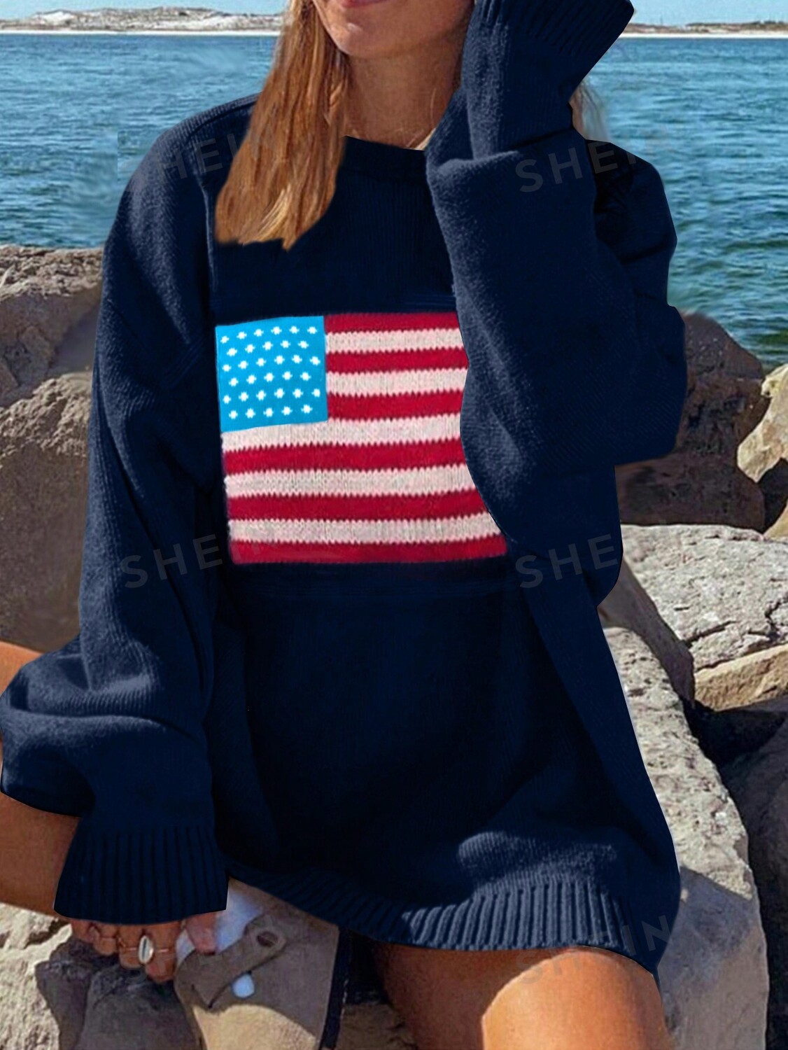 EZwear Кардиган с флагом, длинный рукав, широкий вырез, большой размер Shein, темно-синий
EZwear Кардиган с флагом, длинный рукав, широкий вырез, большой размер Shein, темно-синий