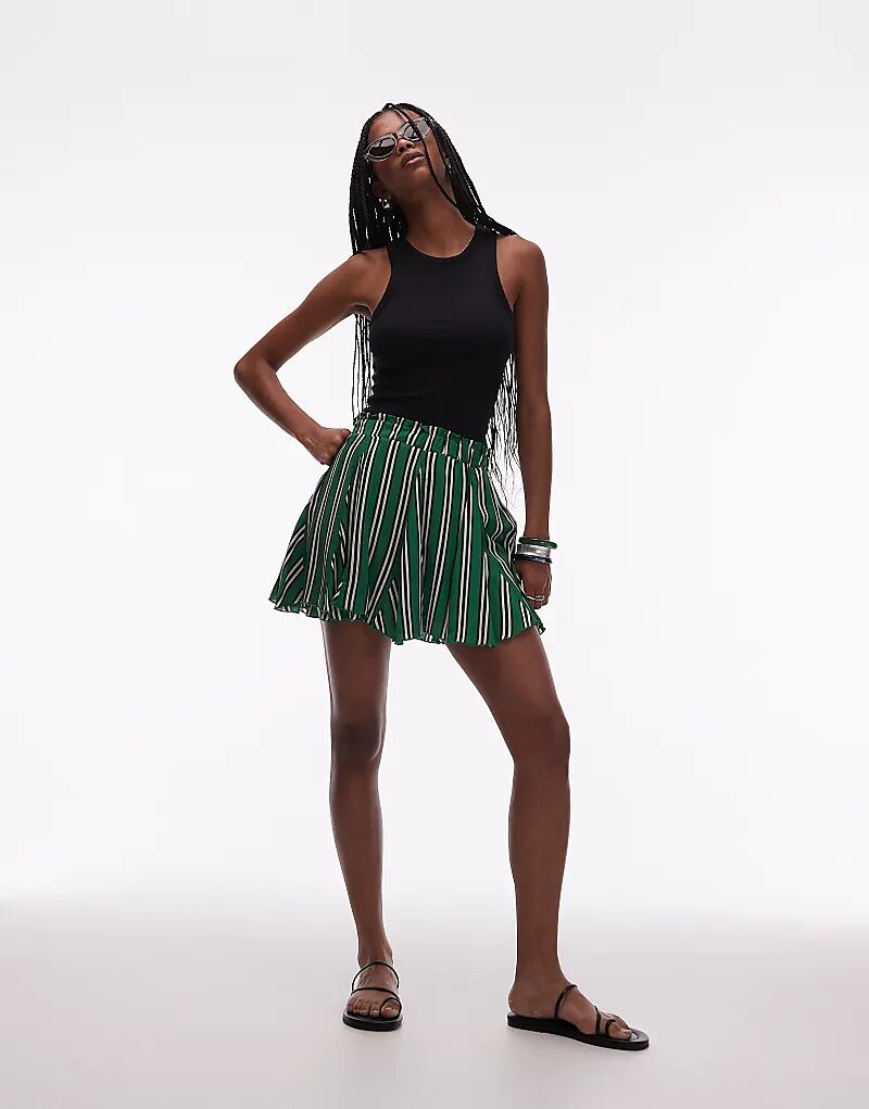 Мини-юбка Topshop из хлопка с разрезами в зеленую полоску 
Мини-юбка Topshop из хлопка с разрезами в зеленую полоску