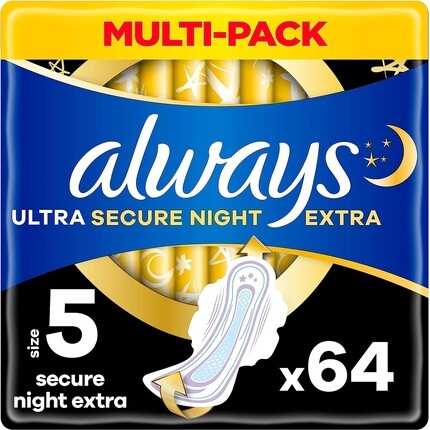 Always Ultra Secure Night Extra с крыльями, размер 5, нейтрализация запаха и защита от утечек, 64 подушечки
Always Ultra Secure Night Extra с крыльями, размер 5, нейтрализация запаха и защита от утечек, 64 подушечки