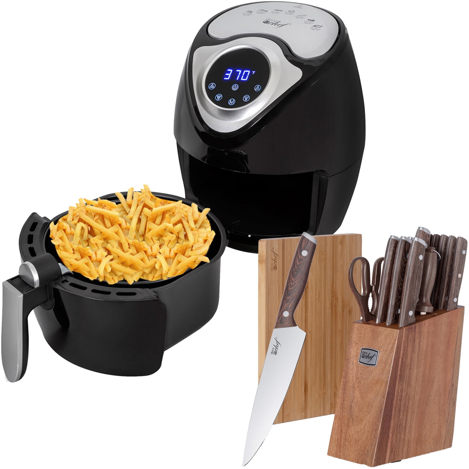 Электрическая безмасляная цифровая фритюрница Deco Chef 3.7QT с набором кухонных ножей Deco Chef из 16 предметов с клиновидными ручками, ножницами, блоком и разделочной доской
Электрическая безмасляная цифровая фритюрница Deco Chef 3.7QT с набором кухонных ножей Deco Chef из 16 предметов с клиновидными ручками, ножницами, блоком и разделочной доской