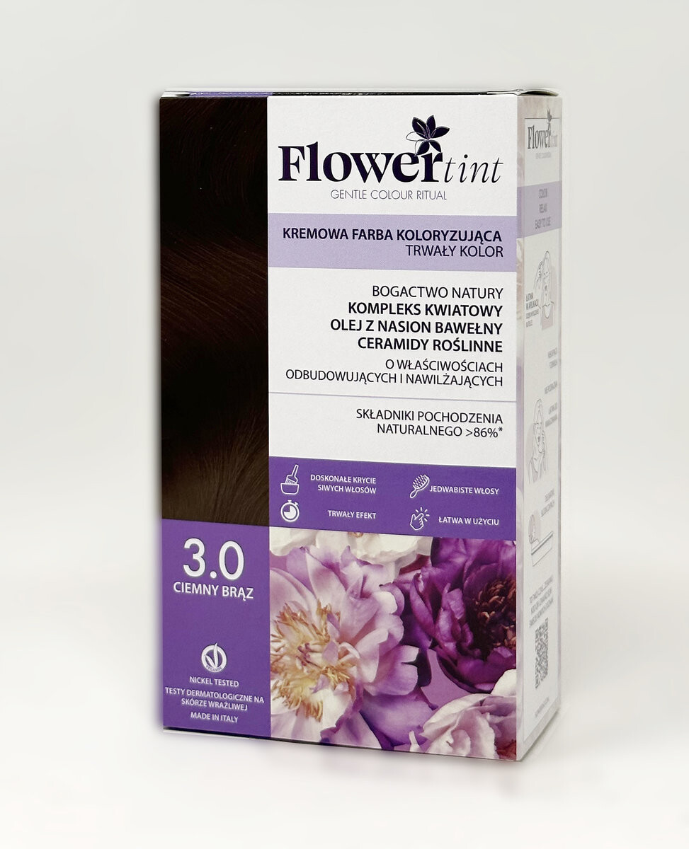 Flowertint, Перманентная краска для волос, серия Natural, 3.0 Темно-коричневый