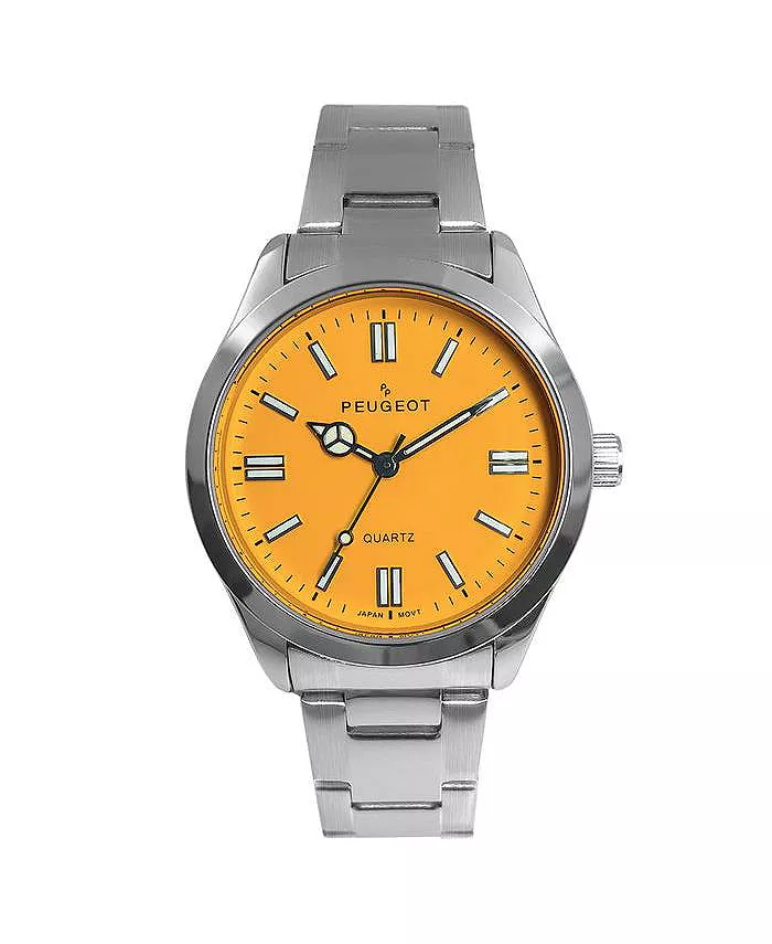 Женские спортивные часы 36 мм с желтым циферблатом и браслетом из нержавеющей стали Peugeot 
Женские спортивные часы 36 мм с желтым циферблатом и браслетом из нержавеющей стали Peugeot