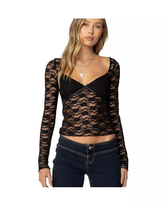 Женский прозрачный кружевной топ Mykonos Edikted, черный 
Женский прозрачный кружевной топ Mykonos Edikted, черный