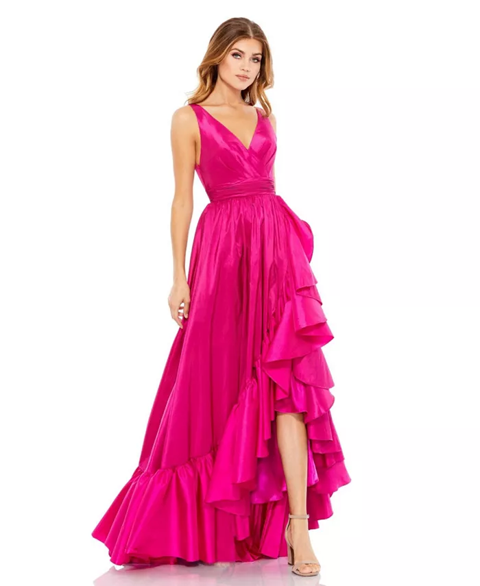 Женское платье из тафты с асимметричным подолом и рюшами Mac Duggal, розовый 
Женское платье из тафты с асимметричным подолом и рюшами Mac Duggal, розовый