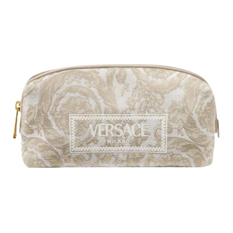 VERSACE Женская косметичка из жаккардовой ткани с кожаными вставками бежевая
VERSACE Женская косметичка из жаккардовой ткани с кожаными вставками бежевая