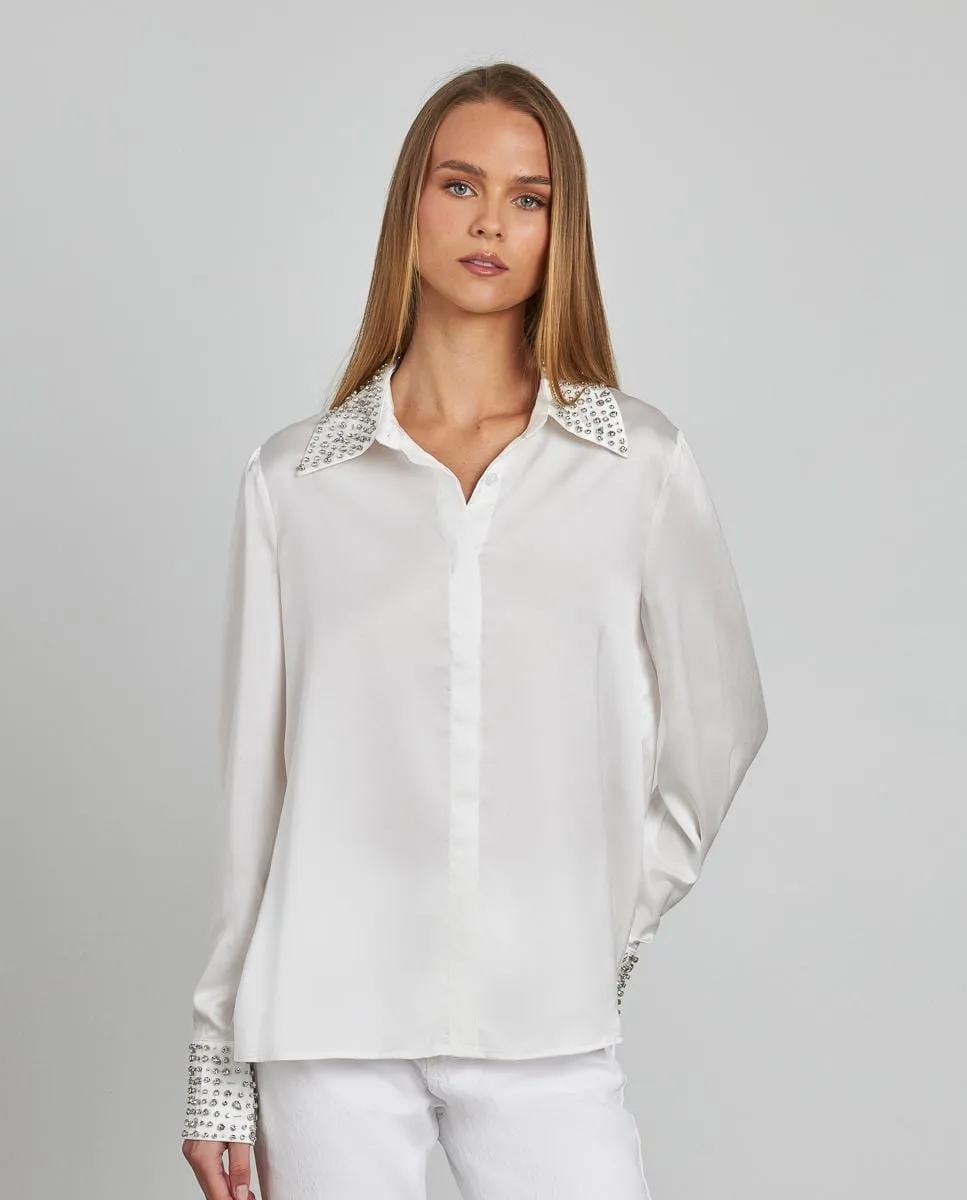 Женская атласная блузка с длинными рукавами, украшенная стразами на манжетах и воротнике Alma En Pena, белый
Женская атласная блузка с длинными рукавами, украшенная стразами на манжетах и воротнике Alma En Pena, белый