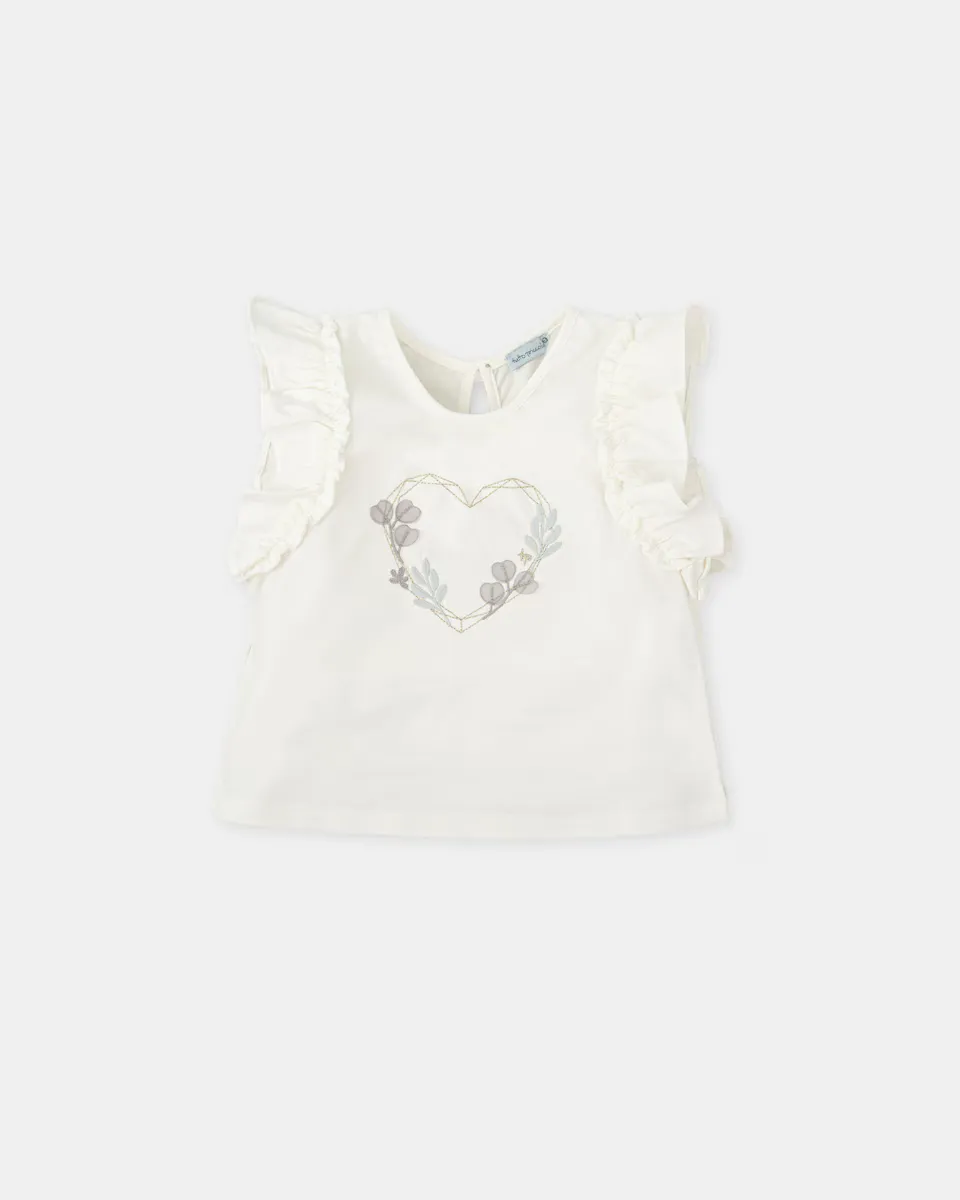 Футболка для девочки с рюшами на рукавах и передним сердцем Tutto Piccolo, белый 
Футболка для девочки с рюшами на рукавах и передним сердцем Tutto Piccolo, белый