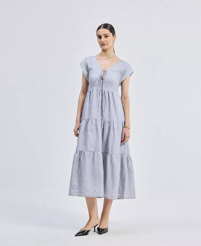 Женское многоярусное платье со сборками и завязками спереди – льняные полоски Reistor
Женское многоярусное платье со сборками и завязками спереди – льняные полоски Reistor