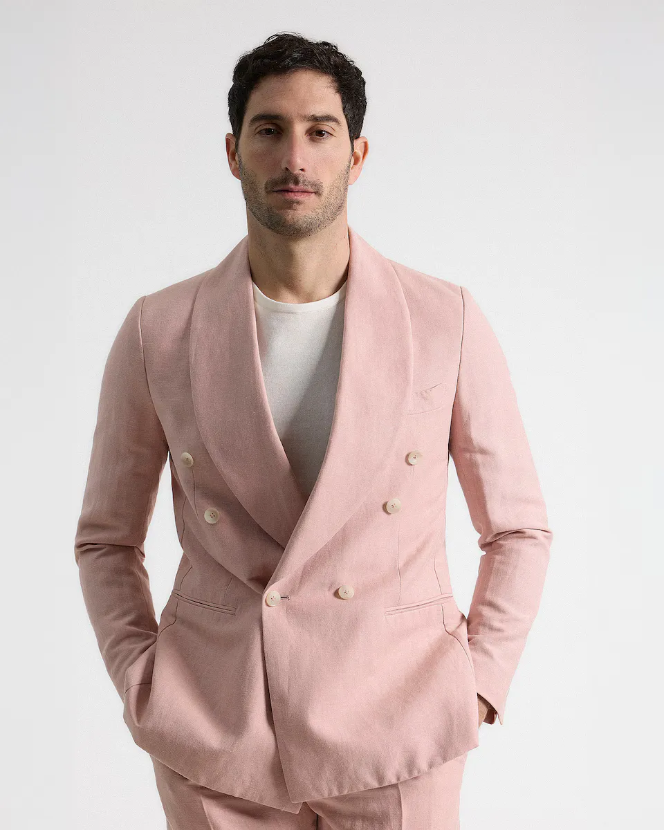 Мужской приталенный двубортный пиджак с эффектом льна бледно-розового цвета PuroEgo, розовый
Мужской приталенный двубортный пиджак с эффектом льна бледно-розового цвета PuroEgo, розовый