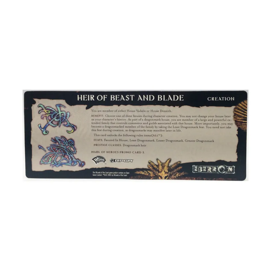 Промо «Знак героев» №5 — «Наследник Зверя и Клинка», Eberron (d20)
Промо «Знак героев» №5 — «Наследник Зверя и Клинка», Eberron (d20)