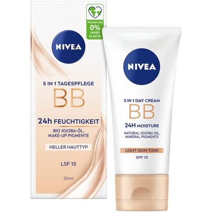 Дневной уход 5 в 1 Bb 24H Moisture Spf 15 Тональный крем для светлой кожи с органическим маслом жожоба и косметическими пигментами, Nivea
Дневной уход 5 в 1 Bb 24H Moisture Spf 15 Тональный крем для светлой кожи с органическим маслом жожоба и косметическими пигментами, Nivea