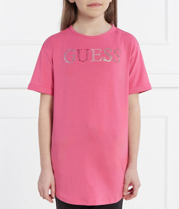 Футболка детская Guess длинная со стразами, розовый 
Футболка детская Guess длинная со стразами, розовый