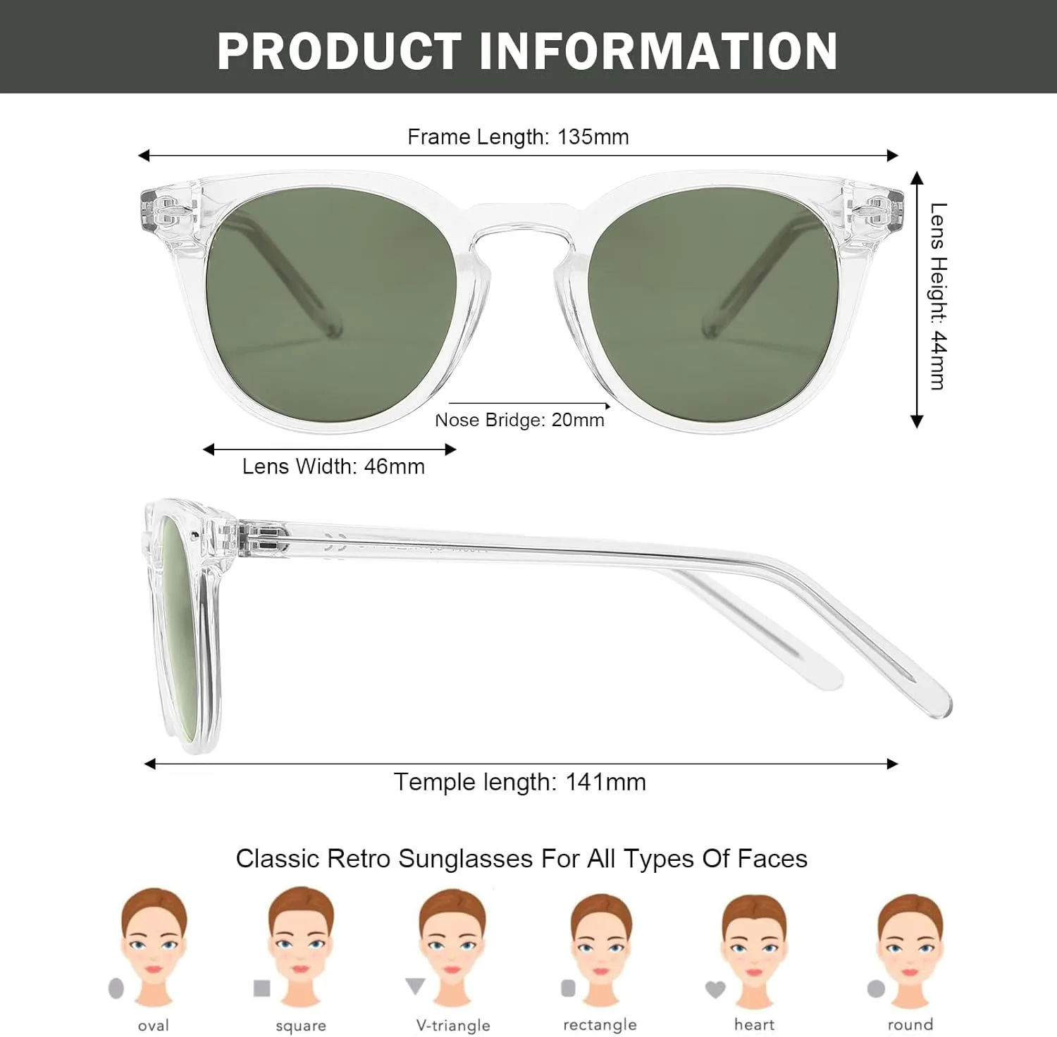 Женские поляризованные круглые солнцезащитные очки Dollger, классический ретро-дизайн, модный стиль, защита от УФ-излучения, маленькие линзы, Clear Frame
Женские поляризованные круглые солнцезащитные очки Dollger, классический ретро-дизайн, модный стиль, защита от УФ-излучения, маленькие линзы, Clear Frame