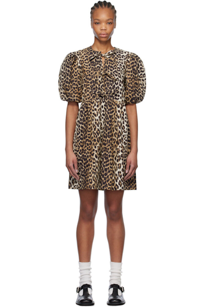 Коричневое леопардовое хлопковое мини-платье с завязками на талии GANNI
Коричневое леопардовое хлопковое мини-платье с завязками на талии GANNI