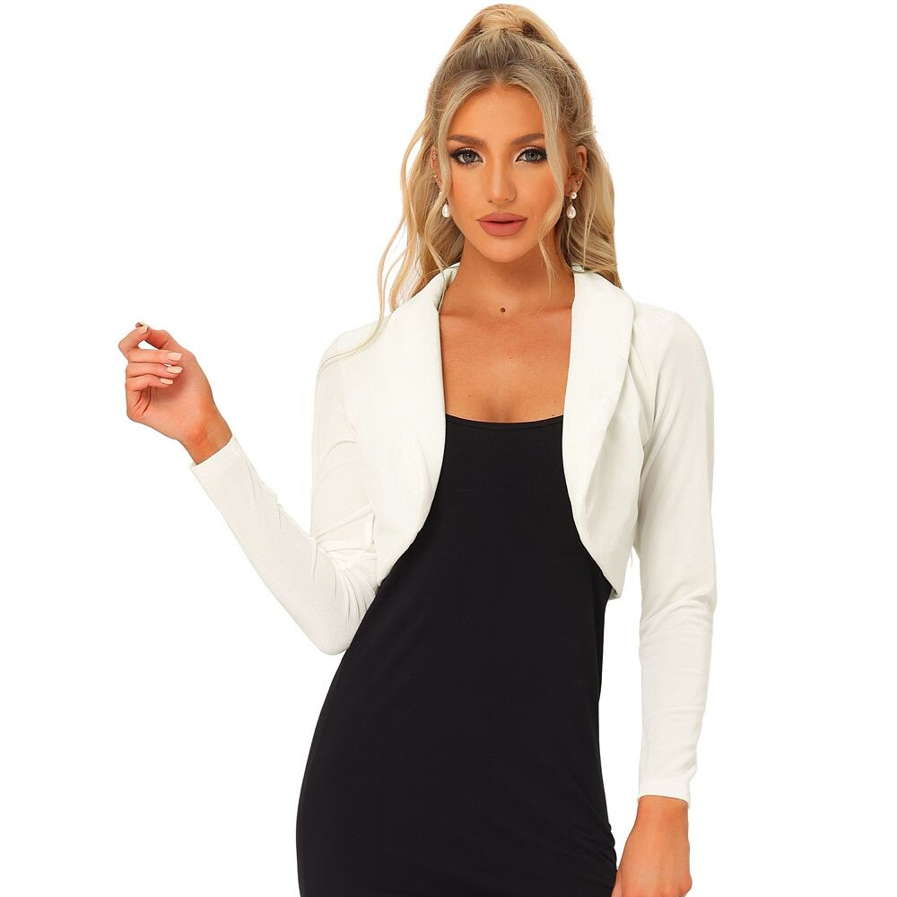 Бархатный укороченный топ для женщин, кардиган с открытым передним воротником и длинными рукавами ALLEGRA K, белый 
Бархатный укороченный топ для женщин, кардиган с открытым передним воротником и длинными рукавами ALLEGRA K, белый