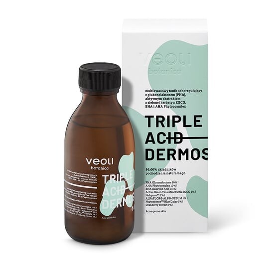 Многокислотный себорегулирующий тоник с глюконолактоном (PHA), активным экстрактом зеленого чая с фитокомплексом EGCG, BHA и AHA, 150 мл Veoli Botanica, TRIPLE ACID DERMOSOLUTION 
Многокислотный себорегулирующий тоник с глюконолактоном (PHA), активным экстрактом зеленого чая с фитокомплексом EGCG, BHA и AHA, 150 мл Veoli Botanica, TRIPLE ACID DERMOSOLUTION