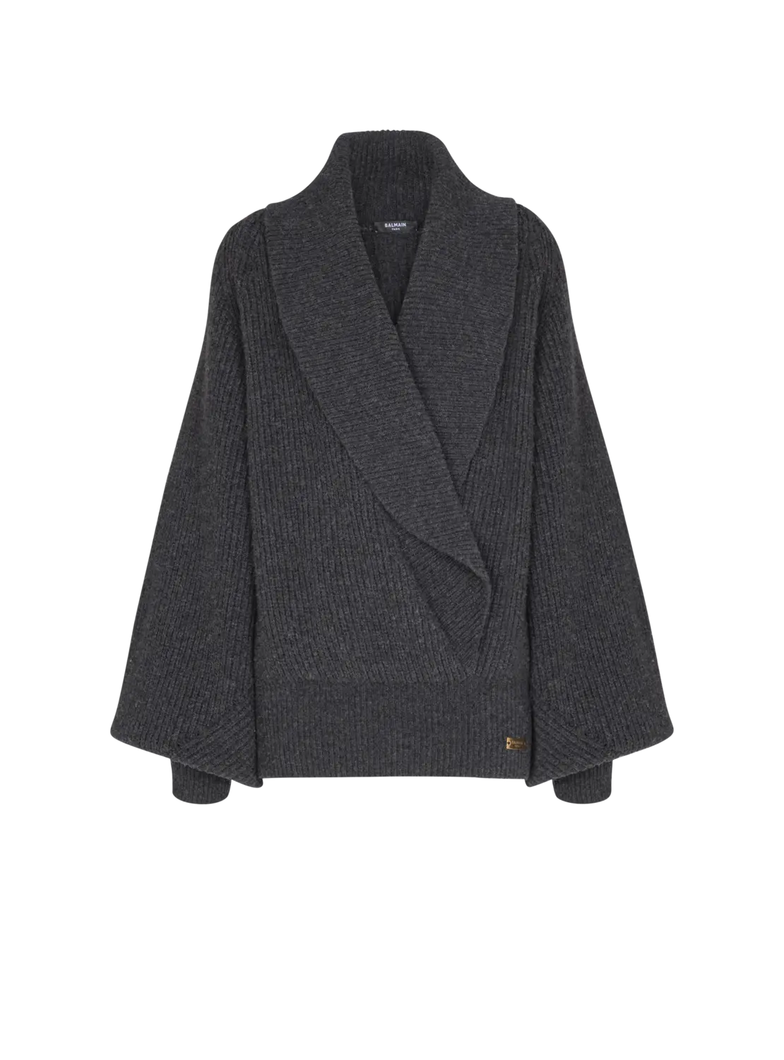 Объемный вязаный джемпер с запахом Balmain, серый
Объемный вязаный джемпер с запахом Balmain, серый