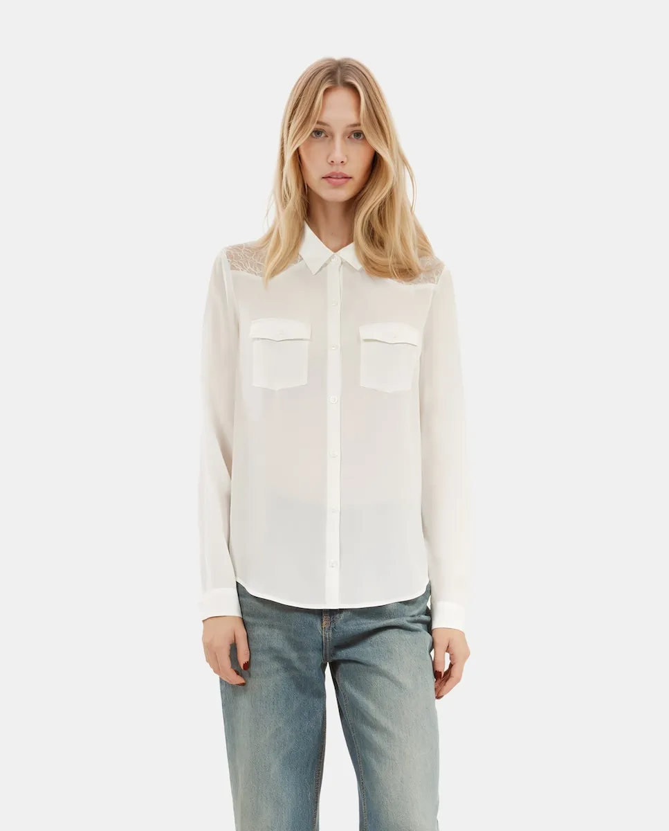 Женская шелковая рубашка с кружевными вставками The Kooples, бежевый
Женская шелковая рубашка с кружевными вставками The Kooples, бежевый