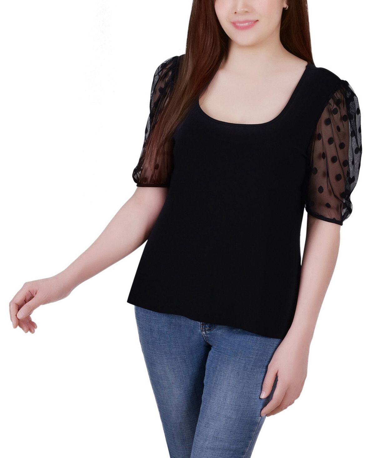 Креповый топ миниатюрного размера с рукавами до локтя и сетчатыми рукавами в горошек NY Collection, черный
Креповый топ миниатюрного размера с рукавами до локтя и сетчатыми рукавами в горошек NY Collection, черный