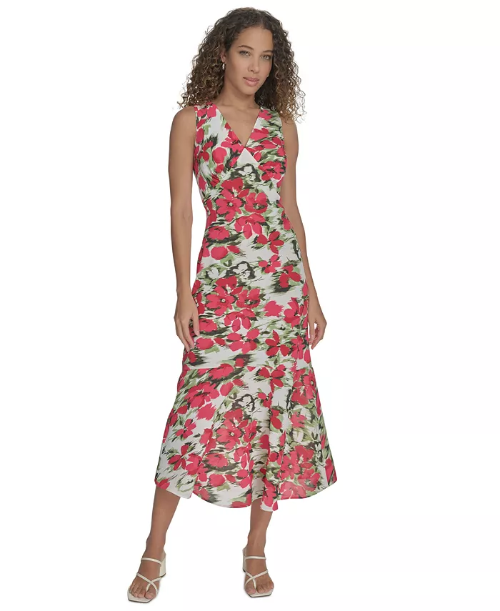 Женское цветочное миди-платье без рукавов с V-образным вырезом Calvin Klein, розовый 
Женское цветочное миди-платье без рукавов с V-образным вырезом Calvin Klein, розовый