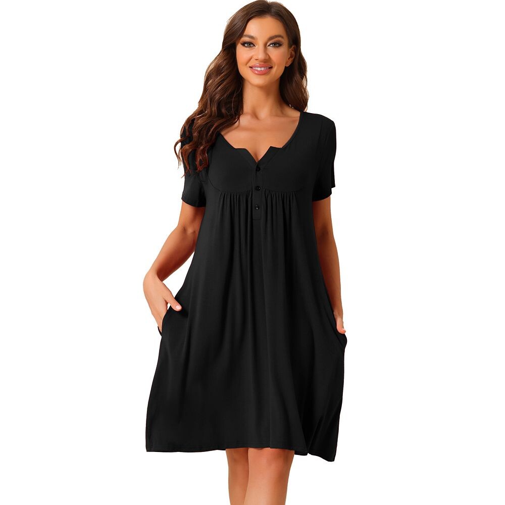 Женская пижама с мягкими пуговицами и карманами, ночная рубашка с короткими рукавами для отдыха Cheibear, черный 
Женская пижама с мягкими пуговицами и карманами, ночная рубашка с короткими рукавами для отдыха Cheibear, черный