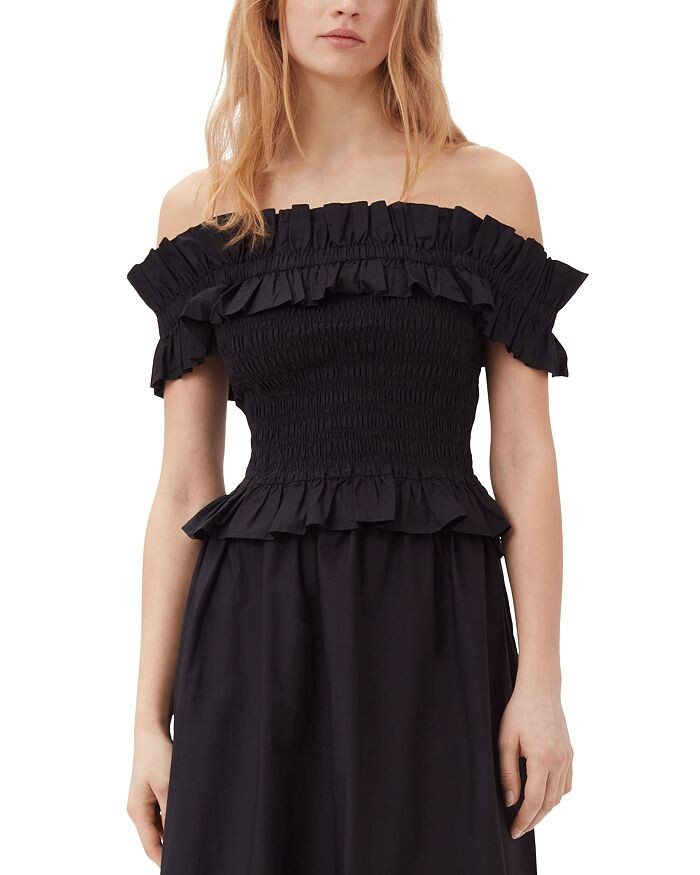 Свободный топ с открытыми плечами из хлопкового поплина GANNI, черный
Свободный топ с открытыми плечами из хлопкового поплина GANNI, черный