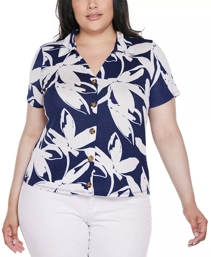 Трикотажный топ больших размеров с цветочным принтом и пуговицами спереди Belldini, синий 
Трикотажный топ больших размеров с цветочным принтом и пуговицами спереди Belldini, синий