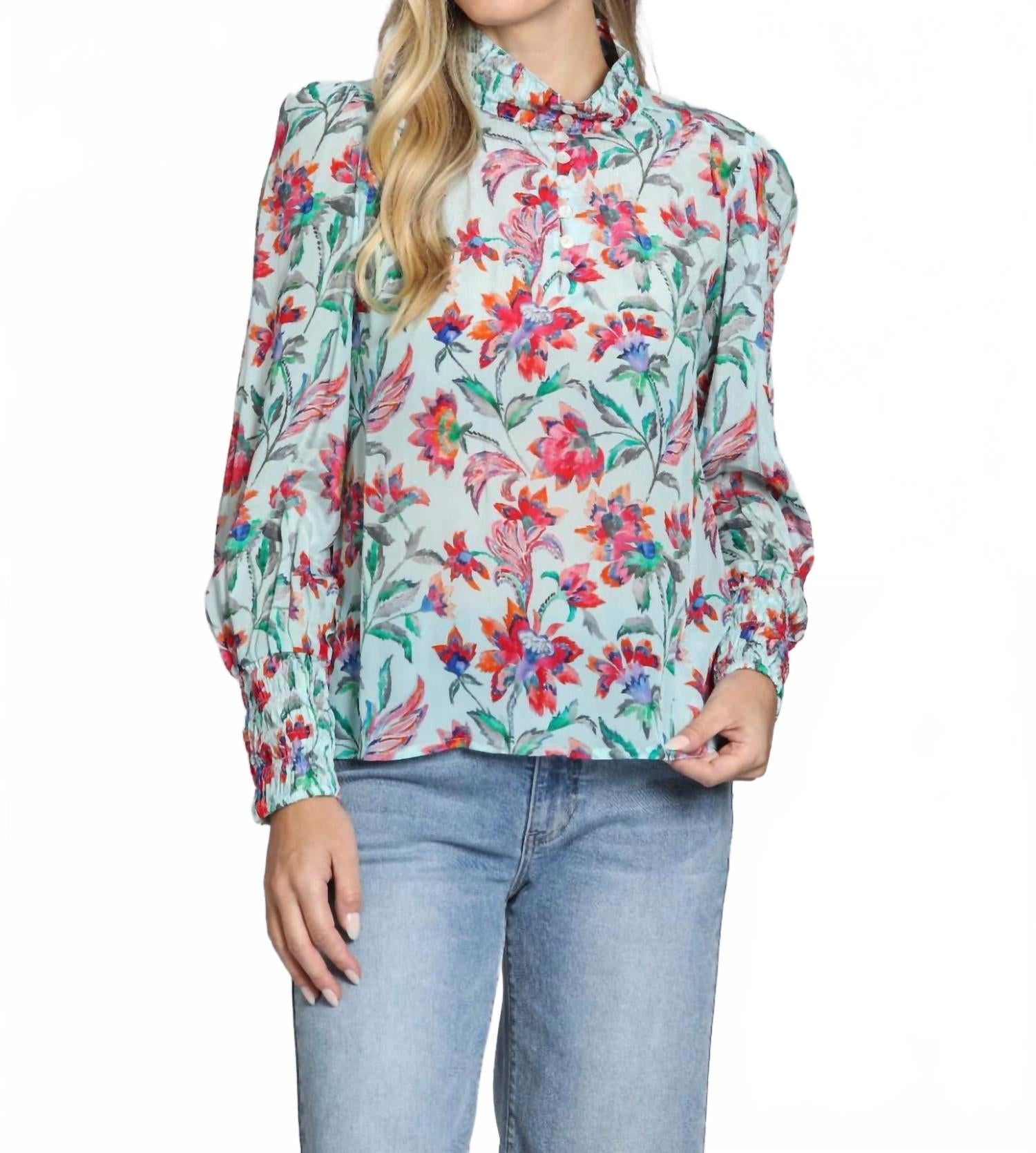 Блуза с пышными рукавами и сборками в бирюзовом мультиколоре APNY
Блуза с пышными рукавами и сборками в бирюзовом мультиколоре APNY