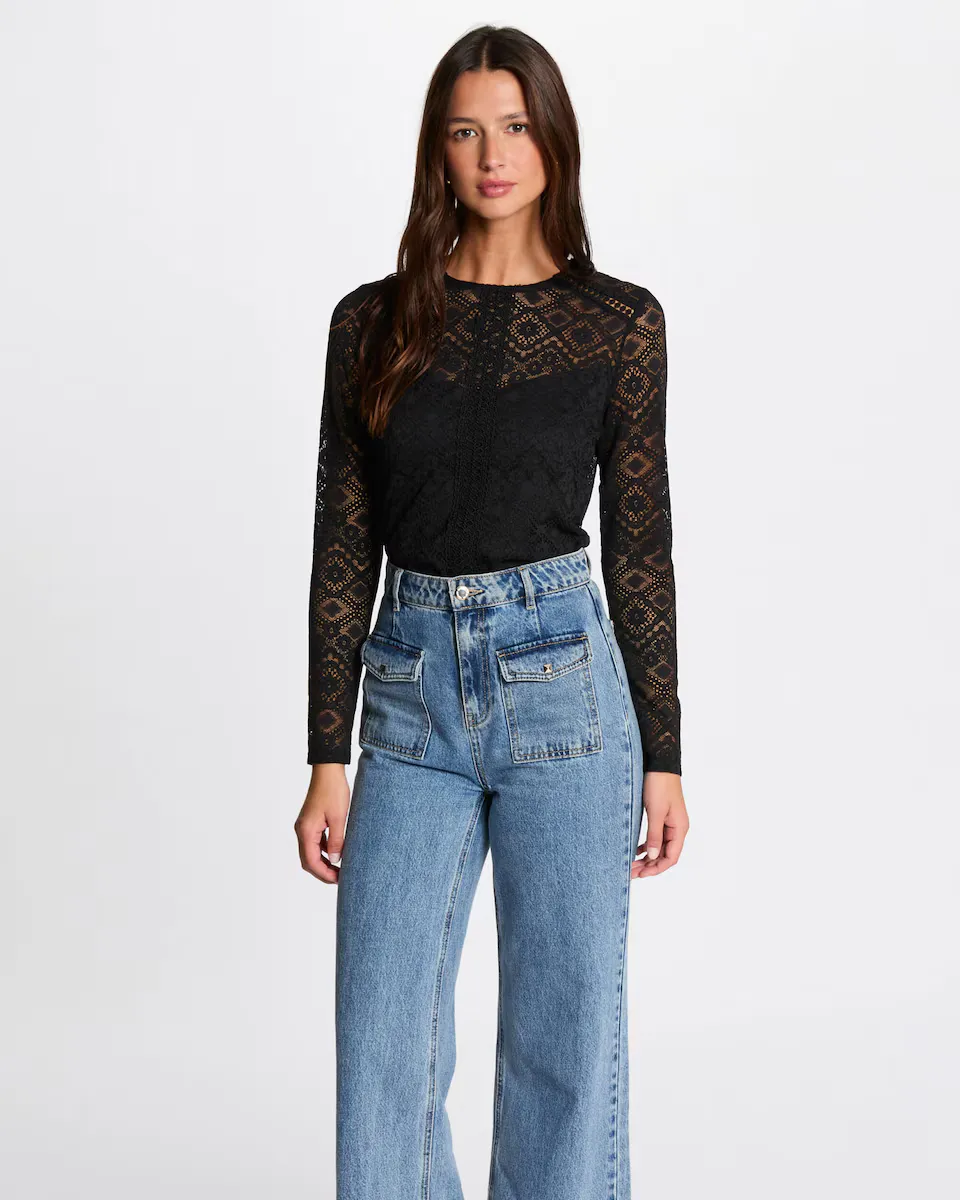 Женская кружевная футболка с длинными рукавами Morgan, черный
Женская кружевная футболка с длинными рукавами Morgan, черный