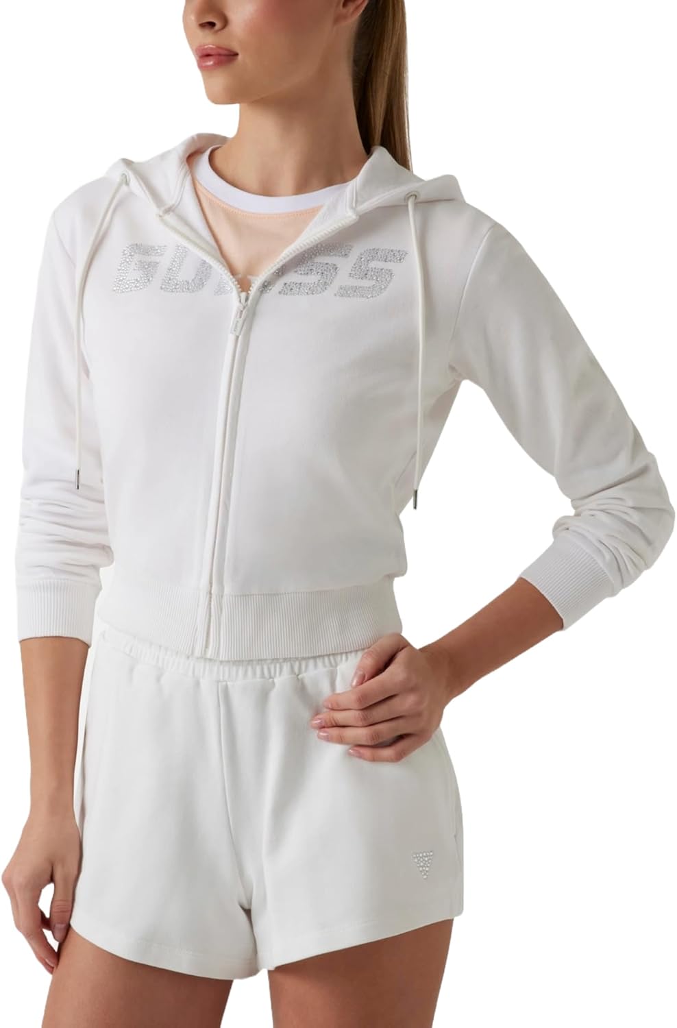 GUESS Women's Primula Свитшот на молнии с камнями, Salt White
GUESS Women's Primula Свитшот на молнии с камнями, Salt White