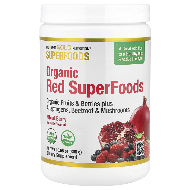 California Gold Nutrition, Superfoods, органические красные суперфуды с порошками из органических ягод асаи, органической черники, органической клюквы и органического граната, смесь ягод, 300 г (10,58 унции)
California Gold Nutrition, Superfoods, органические красные суперфуды с порошками из органических ягод асаи, органической черники, органической клюквы и органического граната, смесь ягод, 300 г (10,58 унции)