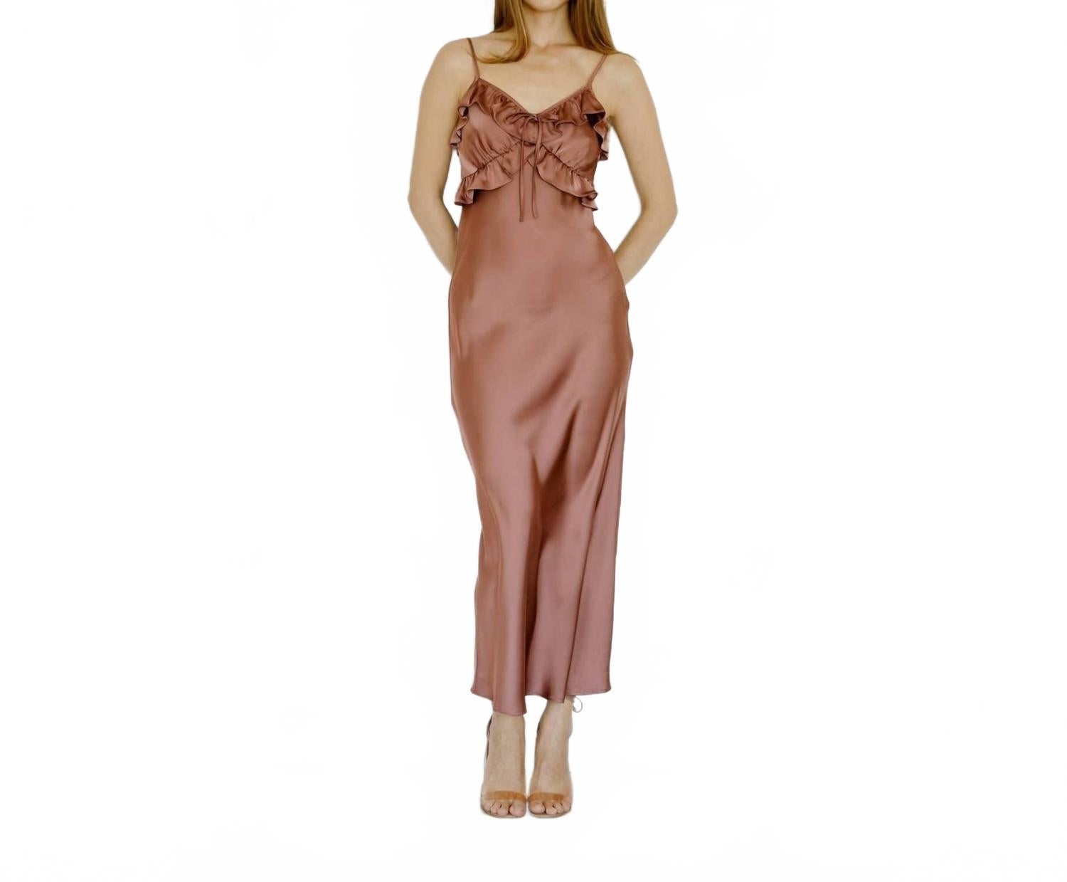 Женское миди-платье-комбинация с рюшами из сатина в коричневом цвете STORIA
Женское миди-платье-комбинация с рюшами из сатина в коричневом цвете STORIA