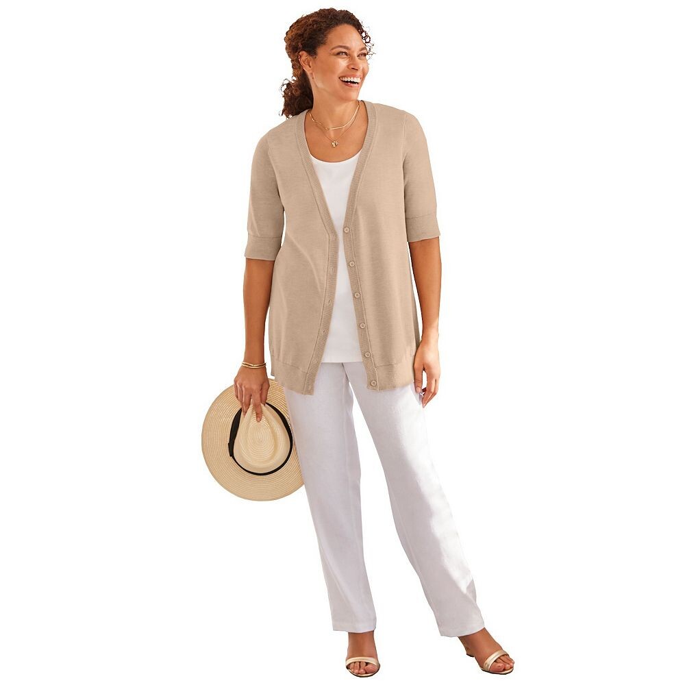 Женщина в женском легком кардигане больших размеров с короткими рукавами и v-образным вырезом Woman Within, цвет New Khaki