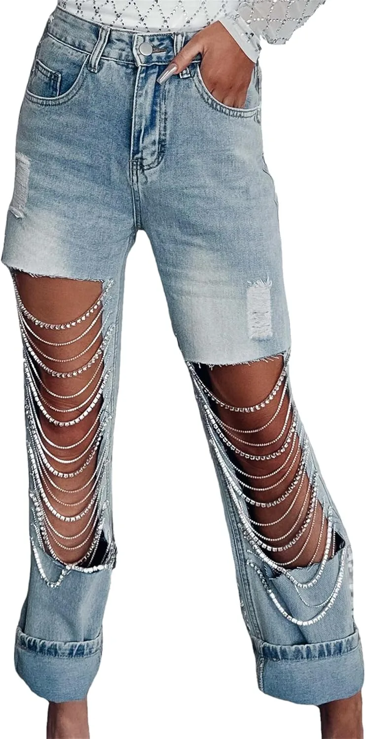 Женские джинсы Straight Leg с цепями и стразами ZH8FCHAN
Женские джинсы Straight Leg с цепями и стразами ZH8FCHAN