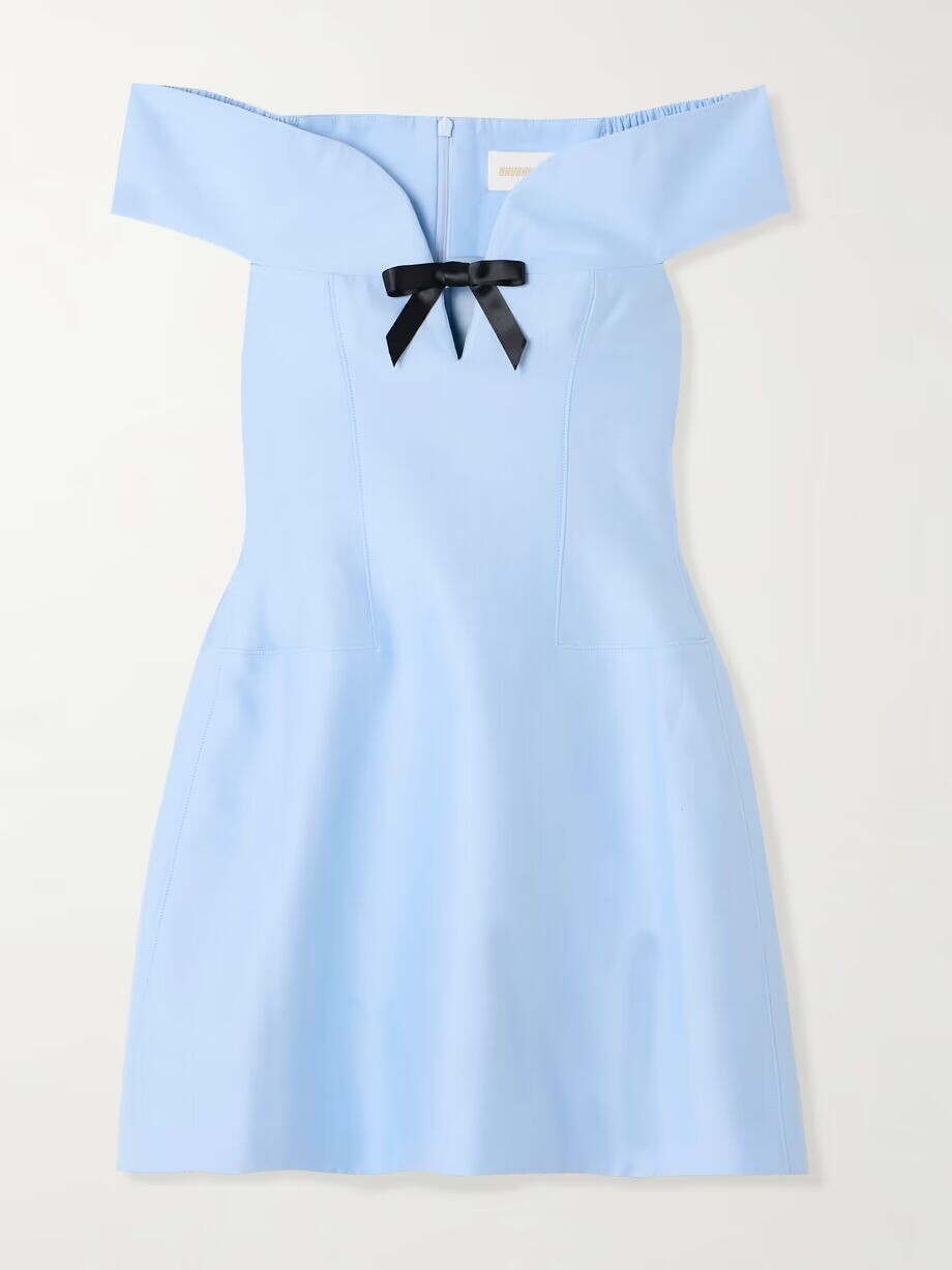 Мини-платье из смеси шерсти и шелка с бантом и вырезом Shushu/Tong, синий 
Мини-платье из смеси шерсти и шелка с бантом и вырезом Shushu/Tong, синий