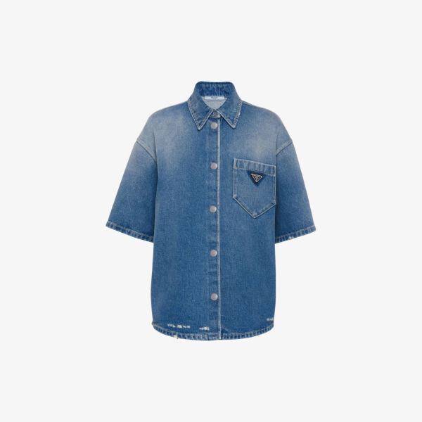 Джинсовая рубашка свободного кроя Brand-Plaque Prada, синий 
Джинсовая рубашка свободного кроя Brand-Plaque Prada, синий