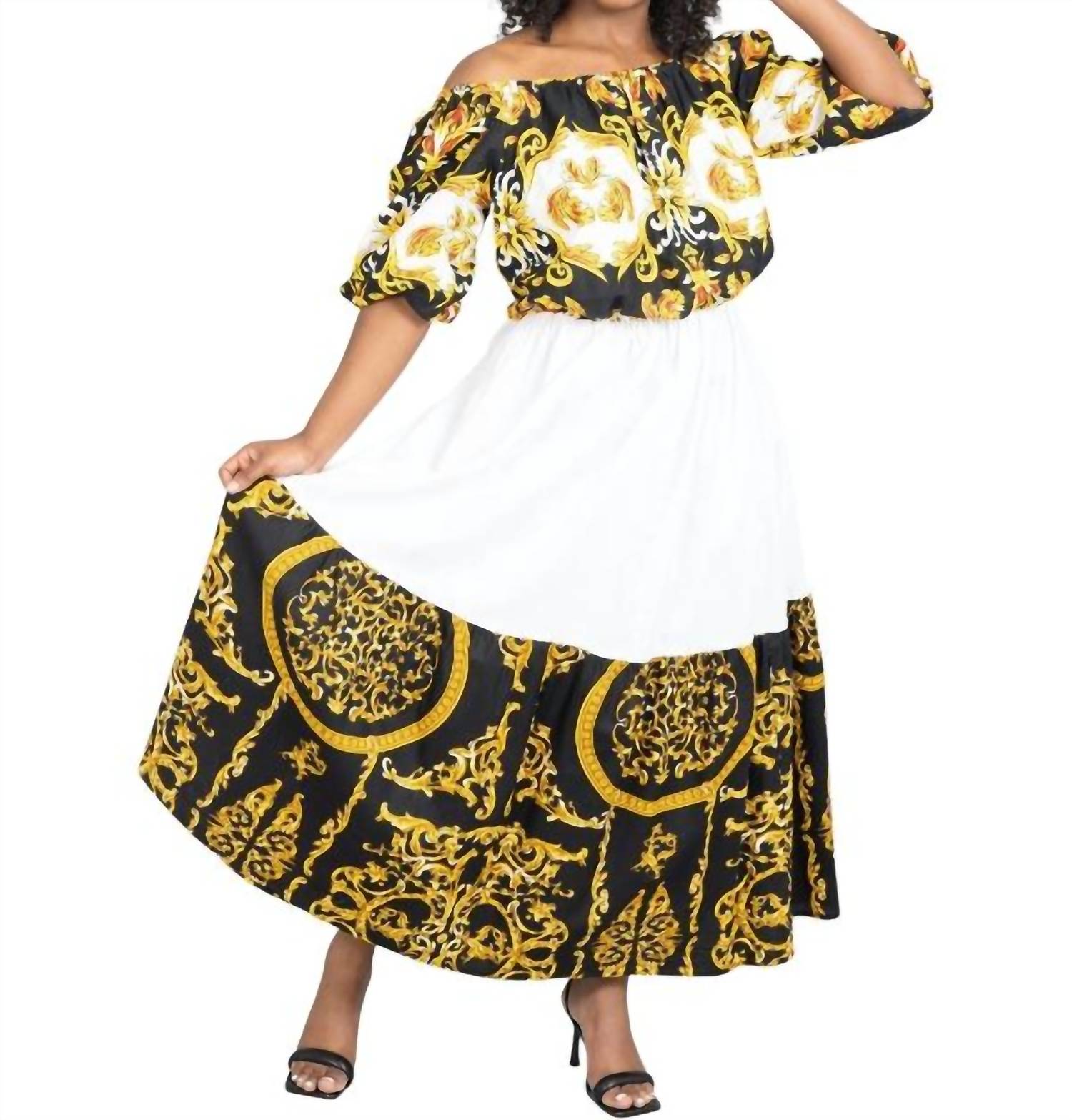 Kara Chic Длинное платье с открытыми плечами и африканским принтом, белое
Kara Chic Длинное платье с открытыми плечами и африканским принтом, белое