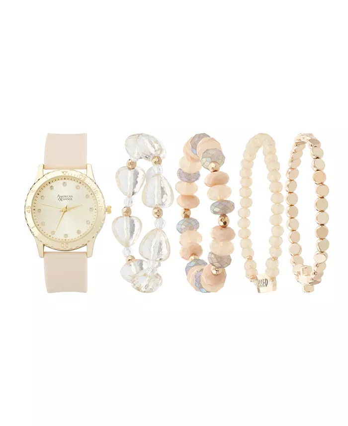 Женские матовые бежевые часы с аналоговым циферблатом на силиконовом ремешке 38 мм и набором браслетов в подарок American Exchange
Женские матовые бежевые часы с аналоговым циферблатом на силиконовом ремешке 38 мм и набором браслетов в подарок American Exchange