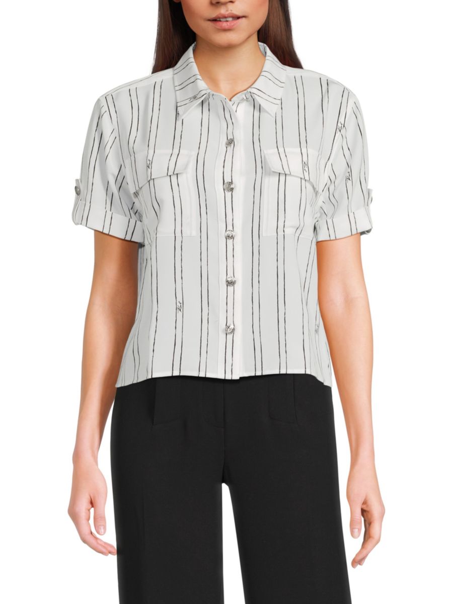 Полосатая рубашка с коротким рукавом Karl Lagerfeld Paris, мягкий белый 
Полосатая рубашка с коротким рукавом Karl Lagerfeld Paris, мягкий белый