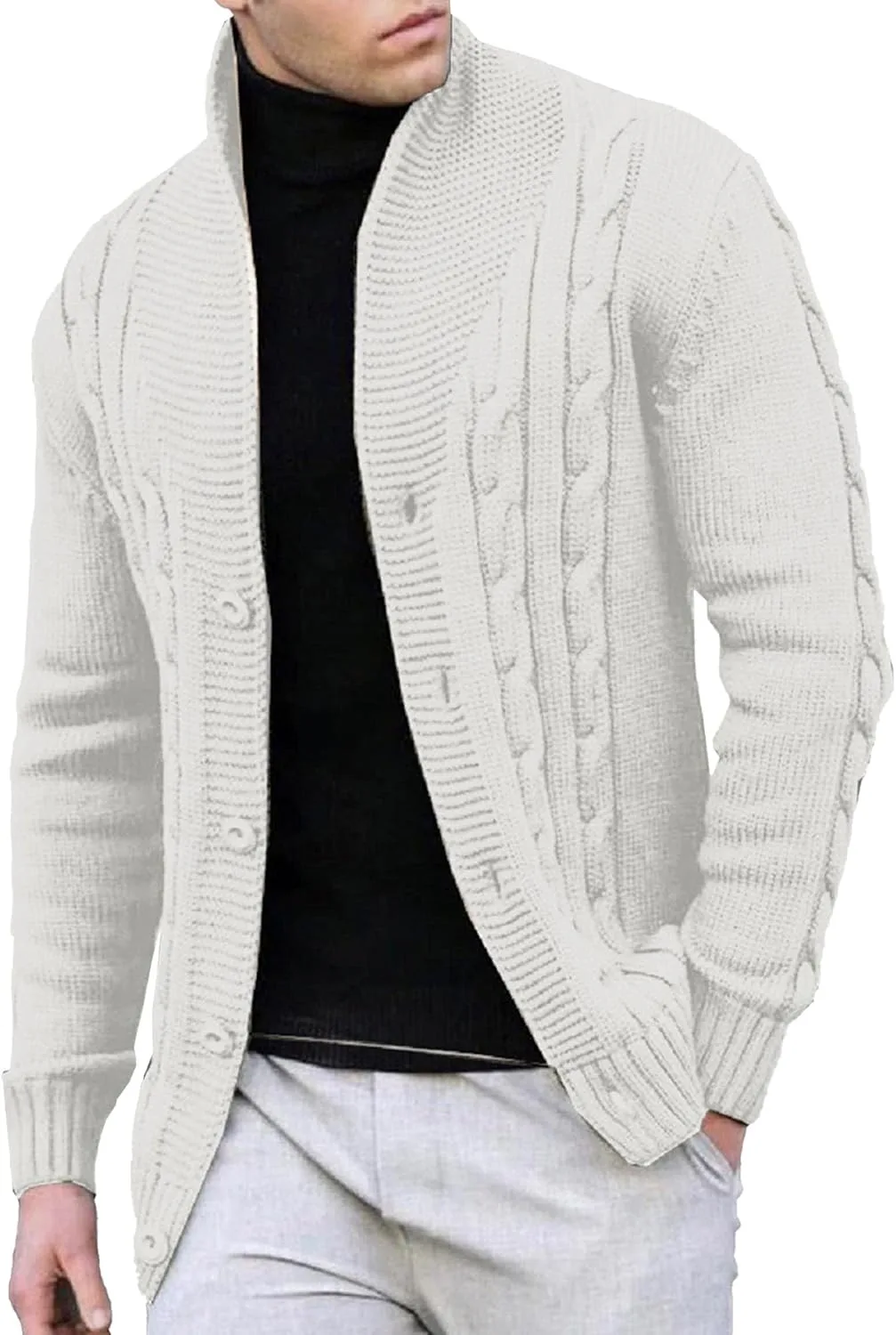 Мужской кардиган с воротником шаль на пуговицах, кабельная вязка, slim fit QOAAIE
Мужской кардиган с воротником шаль на пуговицах, кабельная вязка, slim fit QOAAIE