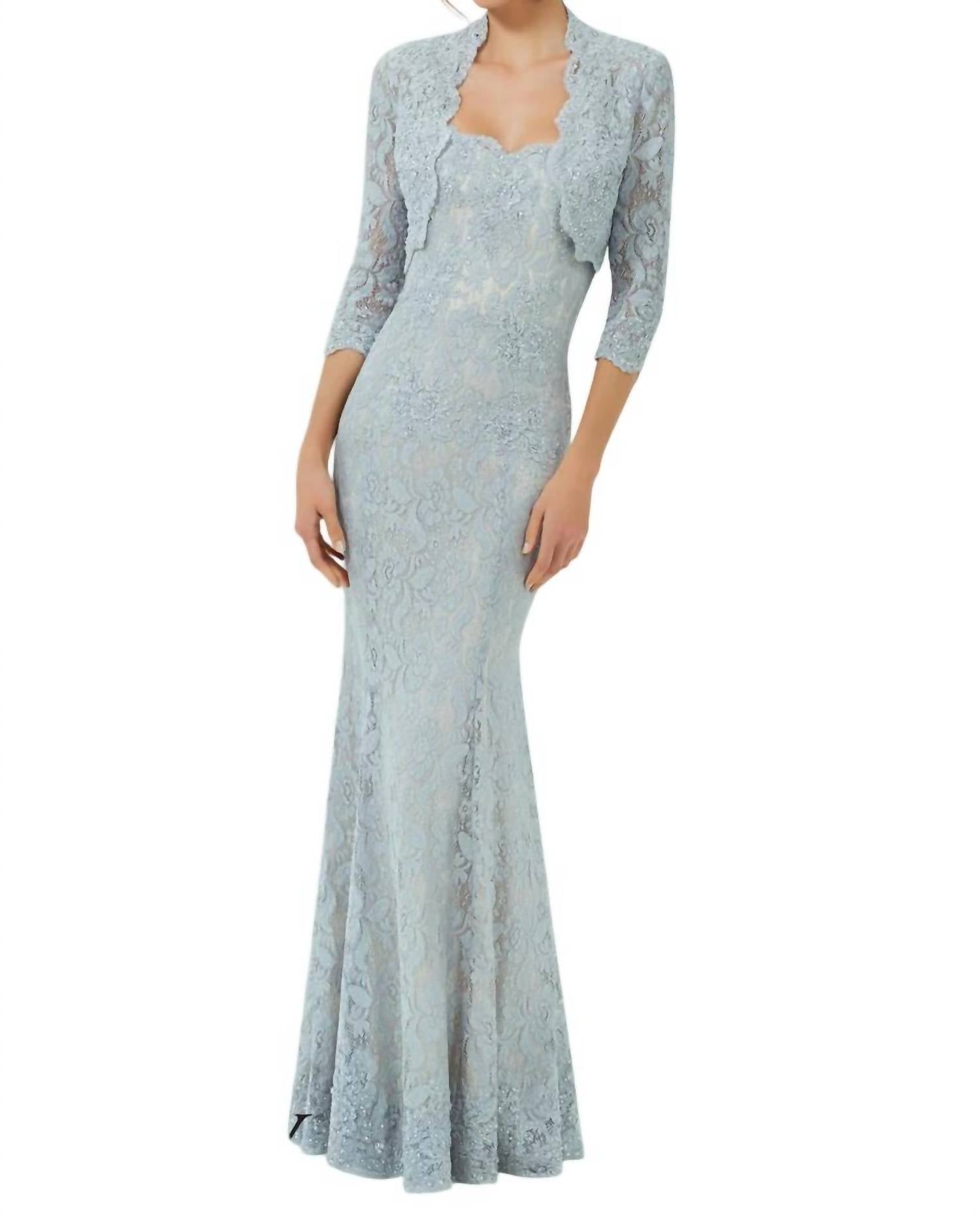 Кружевное платье с длинным рукавом и жакетом в серебристо-бежевом цвете MGNY 
Кружевное платье с длинным рукавом и жакетом в серебристо-бежевом цвете MGNY