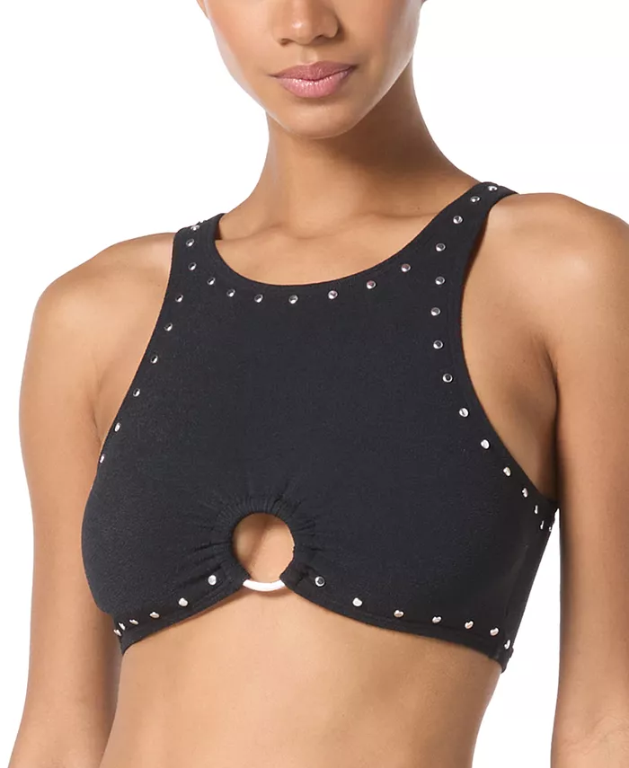 Женский бикини-топ с креповой чашкой, кольцом спереди и шипами Michael Kors, черный
Женский бикини-топ с креповой чашкой, кольцом спереди и шипами Michael Kors, черный