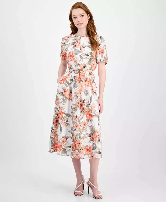 Тропическое цветочное хлопковое платье с короткими рукавами, размеры Regular и Petite Kasper, мультиколор 
Тропическое цветочное хлопковое платье с короткими рукавами, размеры Regular и Petite Kasper, мультиколор