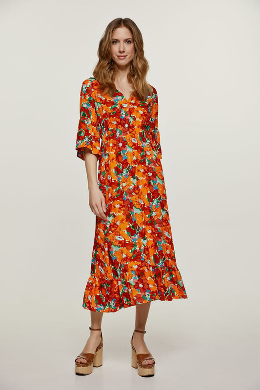 Платье миди с цветочным принтом и рюшами Conquista, оранжевый
Платье миди с цветочным принтом и рюшами Conquista, оранжевый