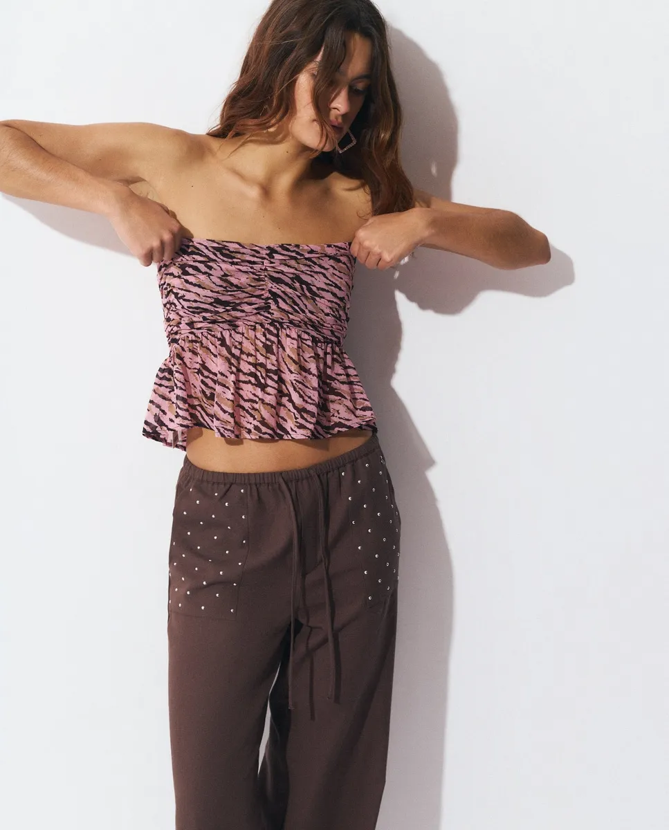 Женский топ с воланами в зебровом принте Brownie, розовый 
Женский топ с воланами в зебровом принте Brownie, розовый