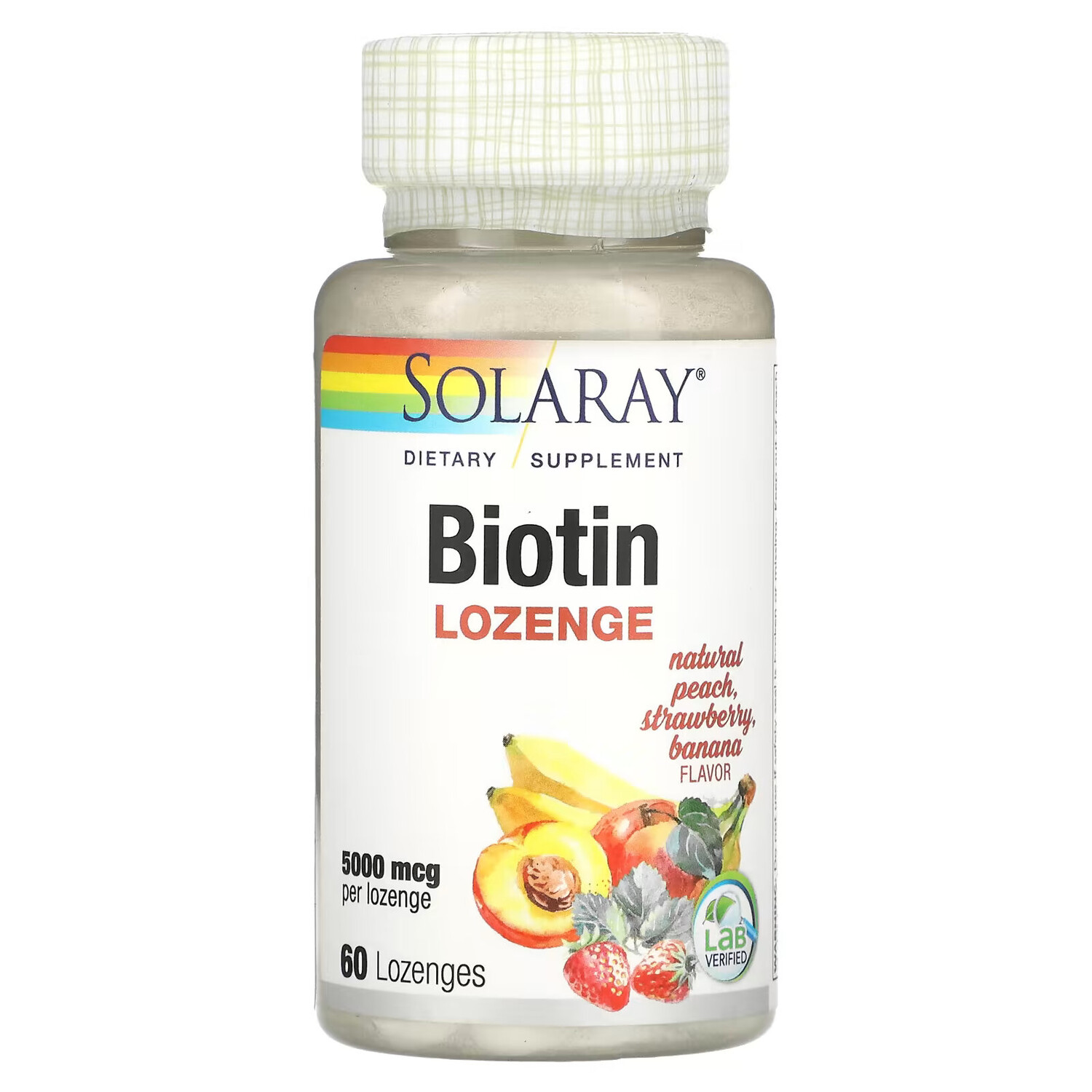 Solaray, Биотин, натуральные ароматизаторы «Персик», «Клубника», «Банан», 5000 мкг, 60 пастилок
Solaray, Биотин, натуральные ароматизаторы «Персик», «Клубника», «Банан», 5000 мкг, 60 пастилок
