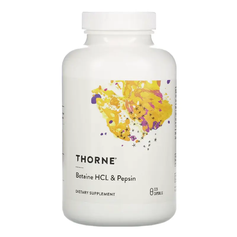 Бетаин гидрохлорид и пепсин Thorne Research, 225 капсул
Бетаин гидрохлорид и пепсин Thorne Research, 225 капсул